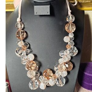 Chunky Faceted‎ Lucite Beaded Multi-Strand Statement Necklace Peach Clear